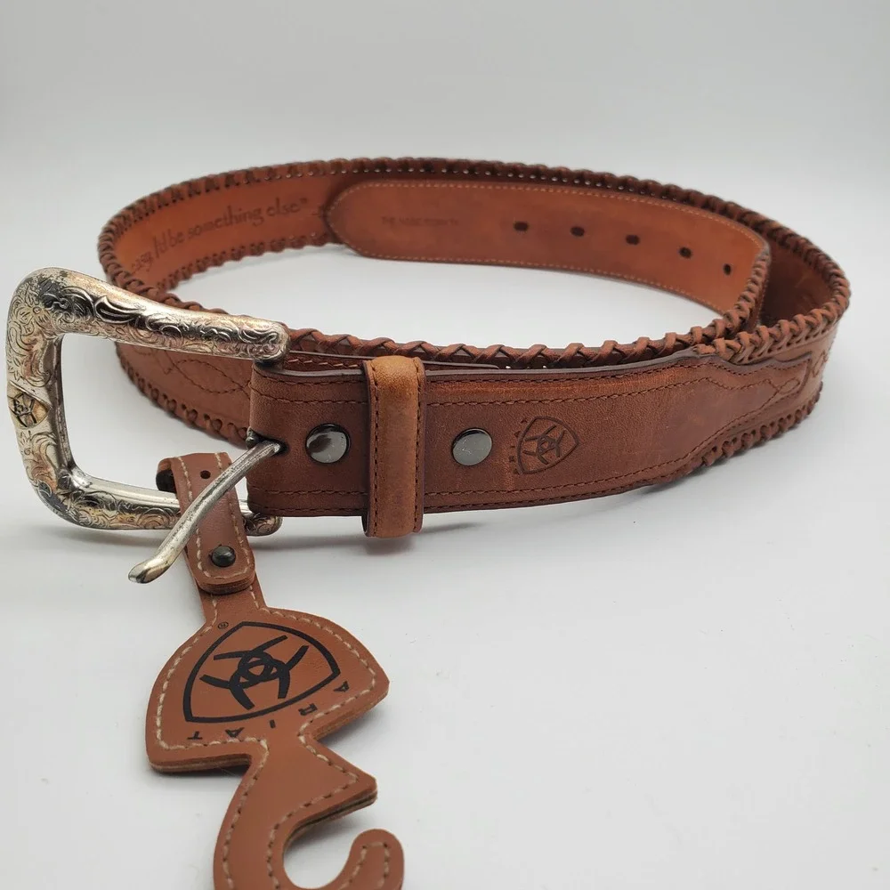 Ariat Brown Leather Belt 42 Western Silver Tone Buckle Whip Stitch Baxter Black